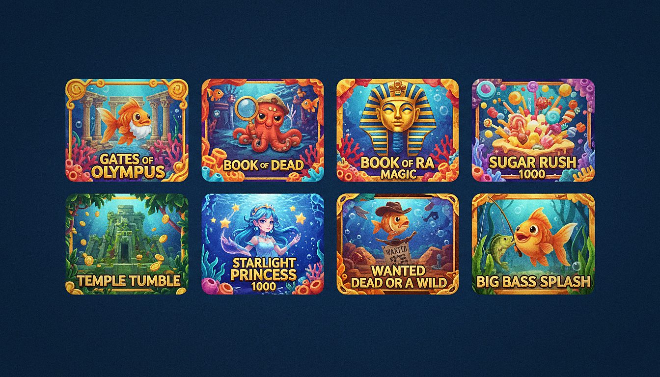 Catalogue de jeux Spinfin Casino : Gates of Olympus, Book of Dead, Book of Ra Magic, Sugar Rush 1000, Temple Tumble, Starlight Princess 1000, Wanted Dead or a Wild, Big Bass Splash